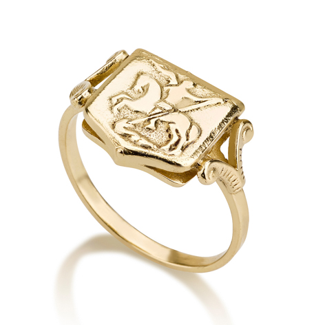 טבעת חותמת מגן זהב 14K עם תבליט מרכזי של סוס ופרש