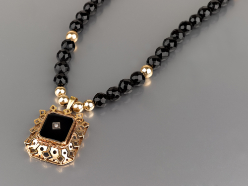 שרשרת ותליון זהב 14K ישן בשיבוץ אוניקס שחור