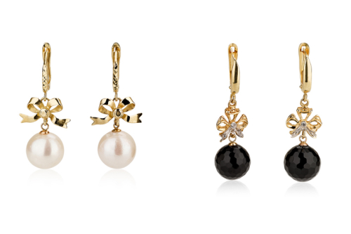 עגילי זהב סרט פרפר תלויים אוניקס שחור ופנינה