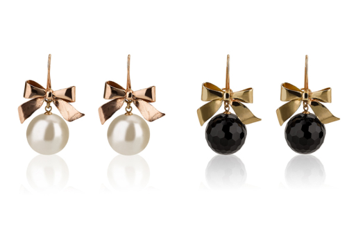 עגילי זהב סרט פרפר גדול תלויים אוניקס שחור ופנינה