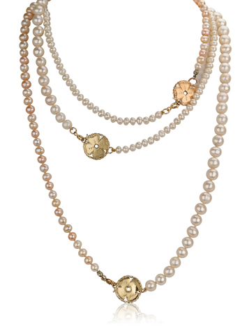 שרשרת פנינים ארוכה 3 ליפופים תלתני זהב 14K