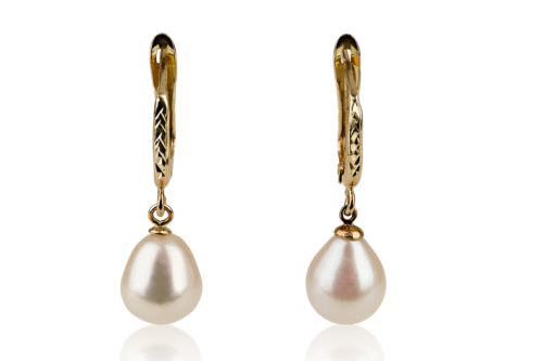 עגילי פנינה תלויים קלאסיים זהב 14K חריטה