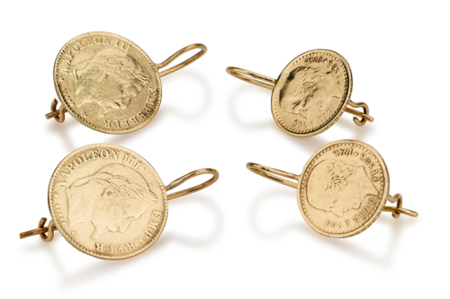 עגילי זהב 14K תלויים מטבע גדול/קטן