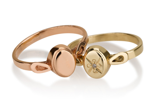 שתי טבעות חותם אליפסה עדינות זהב צהוב או אדום עם או בלי יהלום