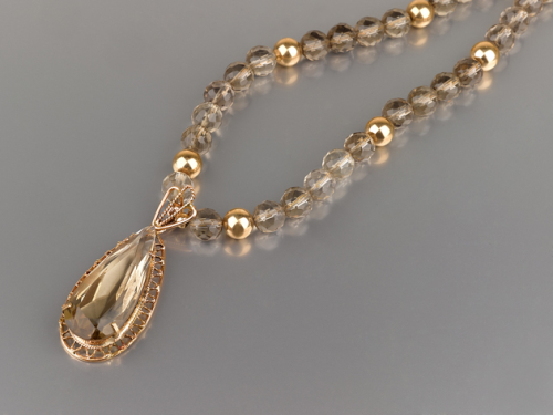 שרשרת ותליון זהב טיפה גדול וינטאג׳ סמוקי טופז