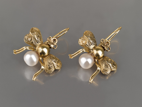 עגילי זהב 14K זבוב דבורה תלויים ייחודיים פנינה