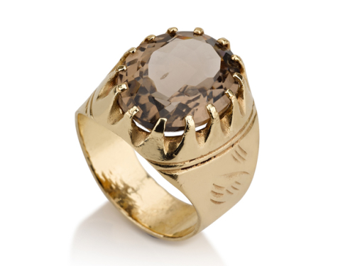 טבעת בסגנון חותם זהב משובצת סמוקי טופז אפורה