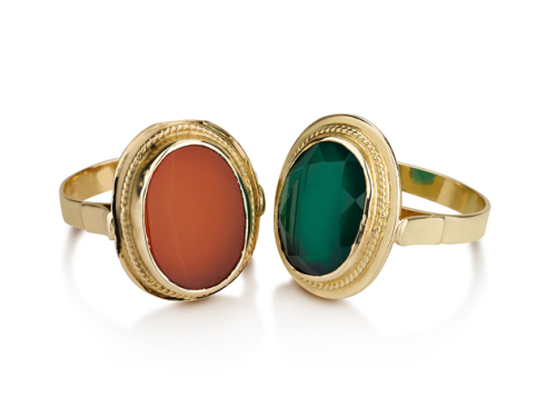 2 טבעות יפות מסגרת בסגנון רטרו בשיבוץ אבן חן אובלית מרכזית קרניול חום ואגת ירוק