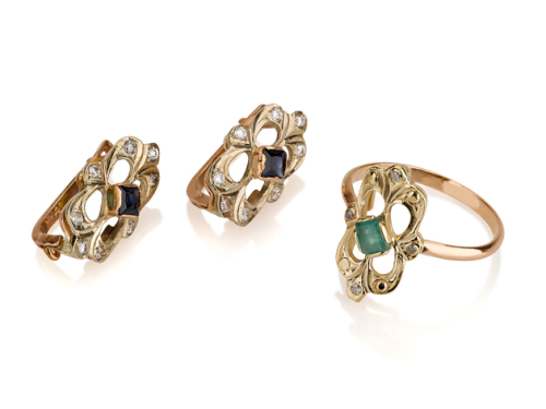 עגילי זהב וטבעת בסגנון עתיק משובצים אבני חן