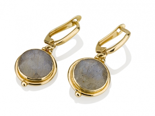 עגילים תלויים אבן לברדורייט אפורה עגולה