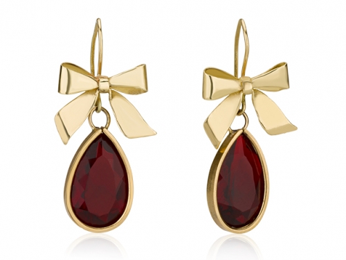 עגילים תלויים גדולים עם פפיון ואבני רובי בצורת טיפה